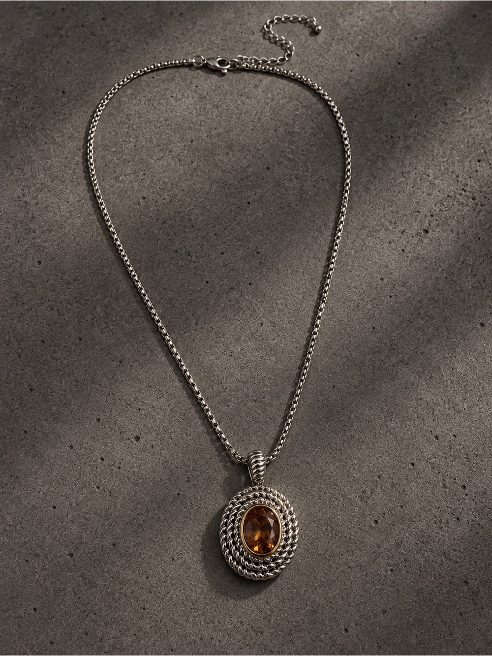 Stainless Steel Rope Pendant Necklace with Amber Gem